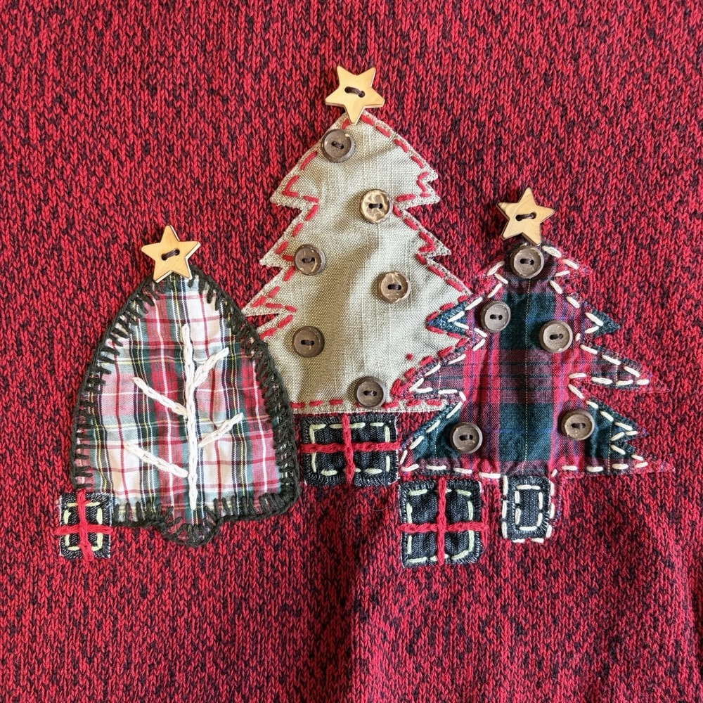 VTG Women's S/M ? Christmas Sweater Button Embroidered Tree Buttons Y2K Cottage - Picture 3 of 10